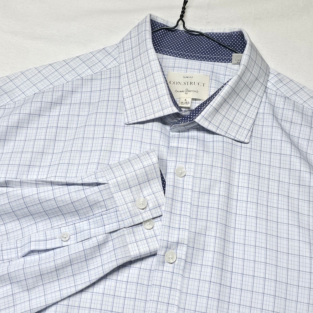 Con.Struct Dress Shirt Mens L Blue White Grid Slim Fit 4-Way Stretch Long Sleeve